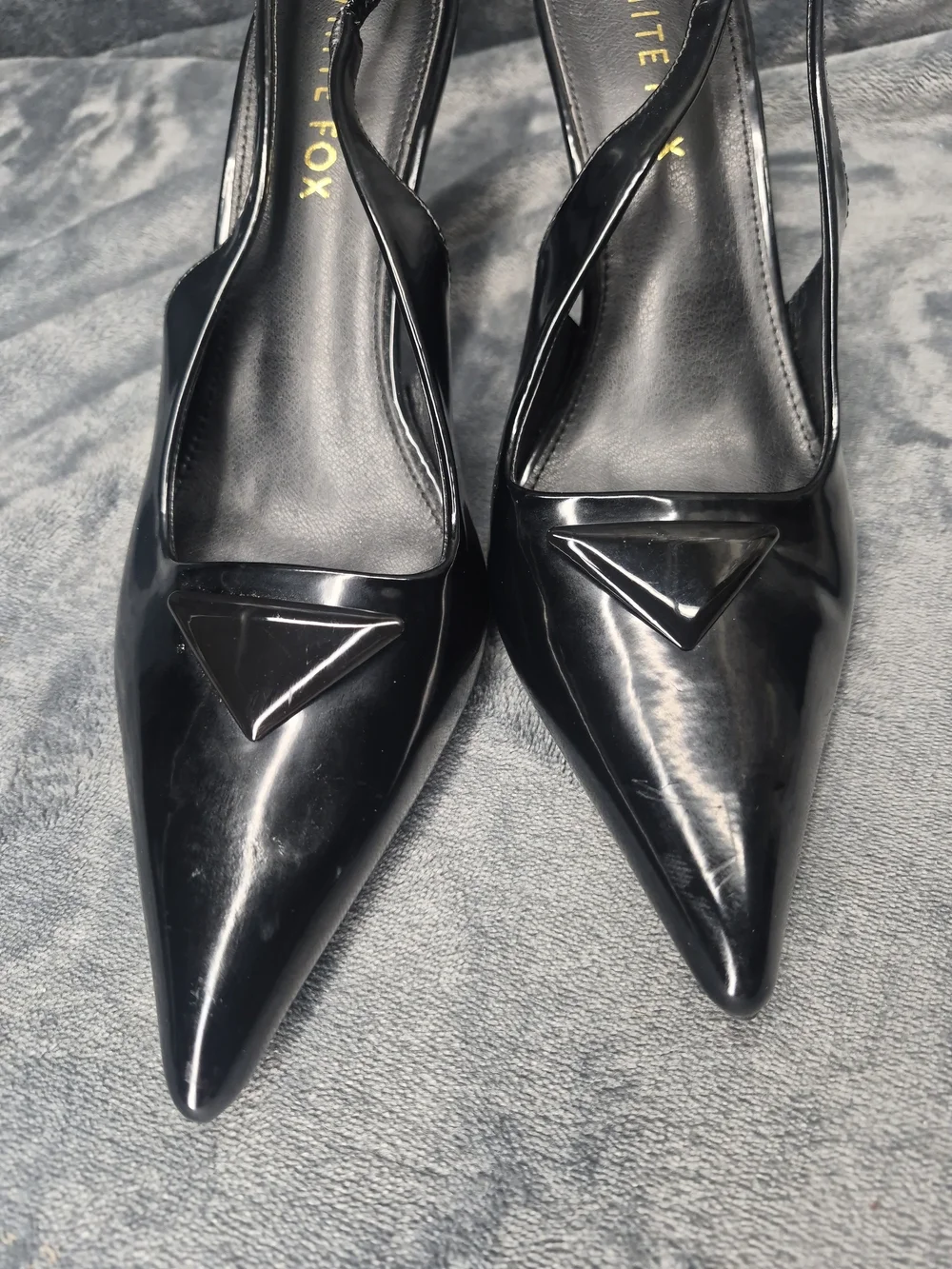 White Fox Black  Patent Leather Slingback Heels Pointed Toe Stillettos Size 9